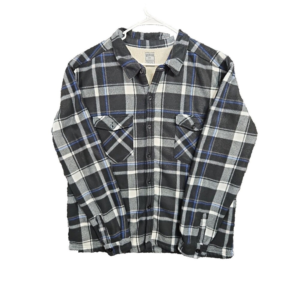 Oakwood Mountain Flannel Button Sherpa Lined Shirt XL Plaid Black White Blue
